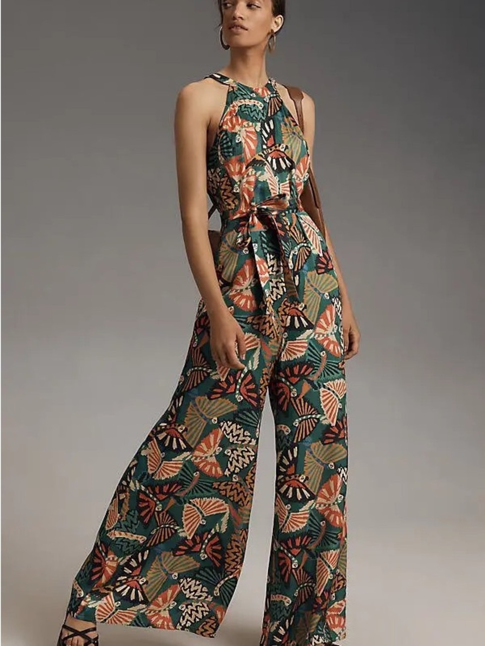 FARM Rio Green Multi Tropical Halter-Waist Wide-Leg Jumpsuit